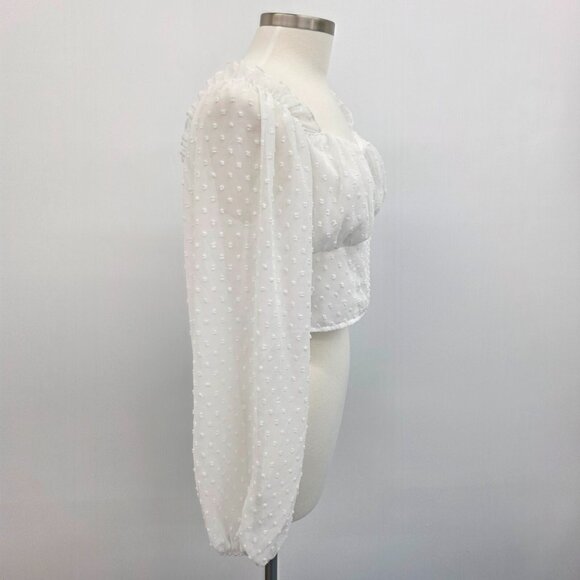 White Chiffon Swiss Dot Milkmaid Top Size L Lantern Sleeve Crop Ruched Bust - Picture 2 of 12